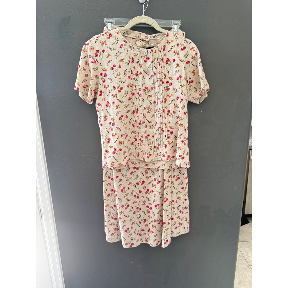Lizsport Vintage 90s Floral 2 P Set Cotton Linen Skirt Top‎ Cream Cottage Medium